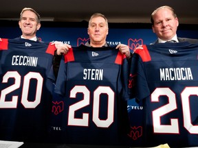 Montreal Alouettes president Mario Cecchini, co-owner Gary Stern and general manager Danny Maciocia during introductory news conference in Montreal, on Jan. 13, 2020.