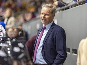 Montreal Force's head coach Peter Smith is behind the bench during the second period of the team's first Premier Hockey League home game against the Metropolitan Riveters in Verdun on Saturday, Nov. 26, 2022. "We have so many games on the road that are home games and we actually call all of our games home games," Smith said after the Force suffered a 3-2 loss to the New Jersey-based Riveters on Sunday at the Raymond Bourque Arena in St-Laurent.