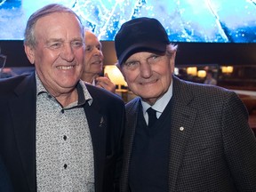 Former Québec Nordiques president Marcel Aubut, left, and former Montreal Canadiens president Ronald Corey were on hand Monday for an event launching the Vrai series Canadiens Nordiques — La rivalité.