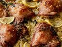 Creamy chicken thighs with lemon and thyme, from Go-To Dinners by Ina Garten.