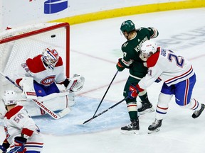 Kirill Kaprizov #97 of the Minnesota Wild scores a goal against Jake Allen #34 of the Montreal Canadiens in the second period of the game at Xcel Energy Center on Nov. 1, 2022 in St. Paul, Minnesota.