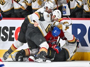 Alex Pietrangelo of the Vegas Golden Knights throws punches at Josh Anderson of the Canadiens during the third period at the Bell Centre in Montreal on Nov. 5, 2022.
