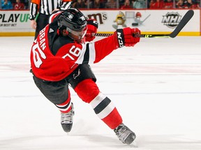 New Jersey Devils defenceman P.K. Subban takes a shot against the Colorado Avalanche at the Prudential Centre in Newark on March 8, 2022.