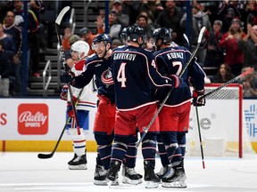 Mathieu Olivier #24 of the Columbus Blue Jackets celebrates his goal with teammates during the third period against the Montreal Canadiens at Nationwide Arena on Nov. 17, 2022 in Columbus, Ohio.