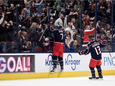 Sean Kuraly #7 of the Columbus Blue Jackets celebrates his goal during the third period against the Montreal Canadiens at Nationwide Arena on Nov. 17, 2022 in Columbus, Ohio.