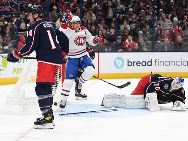 Brendan Gallagher #11 of the Montreal Canadiens celebrates his goal against Joonas Korpisalo #70 of the Columbus Blue Jackets during the third period at Nationwide Arena on Nov. 17, 2022 in Columbus, Ohio.