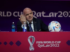 FIFA president Gianni Infantino speaks ahead of opening match of the FIFA World Cup Qatar 2022 at a press conference on Nov. 19, 2022 in Doha, Qatar.