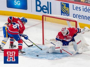 Montreal Canadiens goaltender Jake Allen (34) kicks the puck away against the Buffalo Sabres during 3rd period NHL action at the Bell Centre in Montreal on Tuesday November 22, 2022.