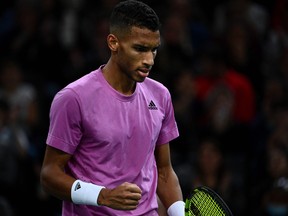 Félix Auger-Aliassime reacts during singles semi-final tennis match against Holger Rune on day 6 of the ATP World Tour Masters 1000 - Paris Masters (Paris Bercy) - indoor tennis tournament at The AccorHotels Arena in Paris on Nov. 5, 2022.