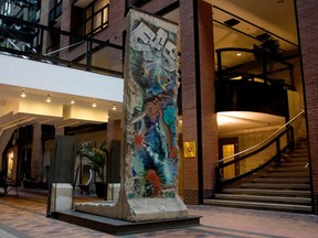 A piece of the Berlin Wall is on permanent display at the Centre de commerce mondial de Montréal.