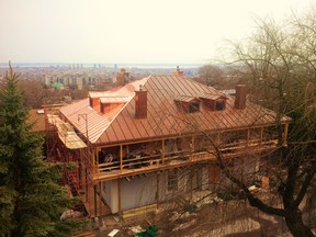 A photo of Braemar just after installing the new copper roof, taken from Belvedere Rd. in Westmount.