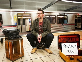 Drew Daywalt, author of The Day the Crayons Quit and The Day the Crayons Came Home, takes up a tongue-in-cheek busker's position in a subway station.  His witty way with words, and the equally brilliant illustrations by Oliver Jeffers, have propelled their books to bestseller lists.