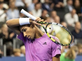 Felix Auger-Aliassime of Canada reacts during the final match against Holger Rune of Denmark at the Swiss Indoors tennis tournament at the St. Jakobshalle in Basel, Switzerland, on Sunday, October 30, 2022.