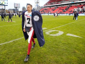Montreal Alouettes quarterback Trevor Harris (7) leaves the field after a loss to the Toronto Argonauts in the CFL East Final in Toronto on Sunday, Nov. 13, 2022.