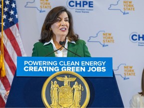 New York Governor Kathy Hochul announces start of construction on the 546-kilometre Champlain Hudson Power Express Transmission Line to bring clean energy to New York City, in Whitehall, N.Y., on Nov. 30, 2022.