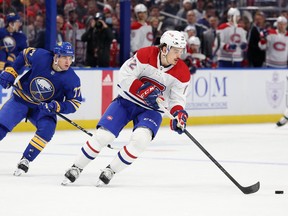 Montreal Canadiens defenceman Arber Xhekaj skates with the puck during the second period against the Sabres at KeyBank Center in Buffalo on Oct. 27, 2022.