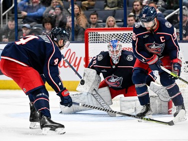 Columbus Blue Jackets goaltender Joonas Korpisalo (70) tracks the puck in the second period against the Montreal Canadiens at Nationwide Arena in Columbus, Ohio, on Nov. 17, 2022.