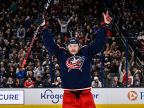 Columbus Blue Jackets right wing Mathieu Olivier (24) celebrates a goal against the Montreal Canadiens in the third period at Nationwide Arena in Columbus, Ohio, on Nov. 17, 2022.