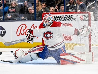 Montreal Canadiens goaltender Sam Montembeault (35) is scored on in the third period abasing the Columbus Blue Jackets at Nationwide Arena in Columbus, Ohio, on Nov. 17, 2022.
