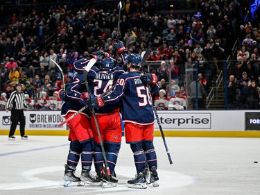 Columbus Blue Jackets right wing Mathieu Olivier (24) celebrates a goal with teammates against the Montreal Canadiens in the third period at Nationwide Arena in Columbus, Ohio, on Nov. 17, 2022.