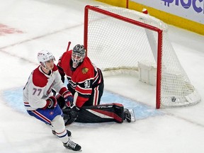 Canadiens' Kirby Dach beats Blackhawks goalie Arvid Soderblom for the winning goal in a shootout Friday afternoon in Chicago.