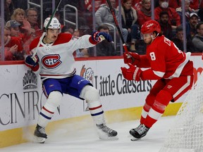 Red Wings defenceman Ben Chiarot checks Montreal Canadiens blue-liner Arber Xhekaj during the third period at Little Caesars Arena in Detroit on Nov. 8, 2022.
