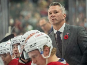 Montreal Canadiens head coach Martin St.-Louis looks on in the first period of a game against the Minnesota Wild at Xcel Energy Center in Saint Paul, Minn., on Nov. 1, 2022.