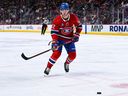 Montreal Canadiens defenceman Justin Barron plays the puck at the Bell Centre in Montreal on Oct. 3, 2022.
