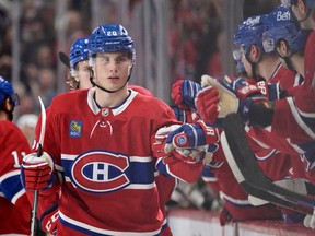 Canadiens forward Juraj Slafkovsky (20) celebrates with teammates after scoring a goal against the Vegas Golden Knights during the third period at the Bell Centre on Saturday, Nov. 5, 2022.