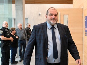 Former Parti Québécois MNA Harold LeBel at the courthouse in Rimouski. He is charged with sexually assaulting a woman at his condo in 2017.