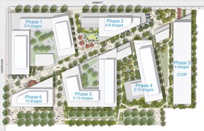 Developer Rachel Julien's Canoë project calls for the demolition of the commercial building that housed Pro Gym at 4500 Hochelaga St., followed by six phases of construction of mixed-use buildings that would range in height up to 10 storeys.