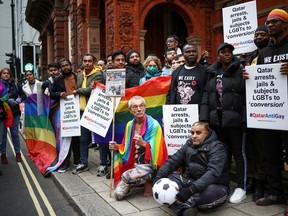 Protesters demonstrate ahead of World Cup outside the Qatar embassy in London, England on Nov. 19, 2022.