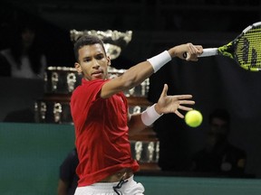 Montreal's Felix Auger-Aliassime in action during his match in the semifinal against Italy's Lorenzo Musetti on Saturday, Nov. 26, in Malaga, Spain.