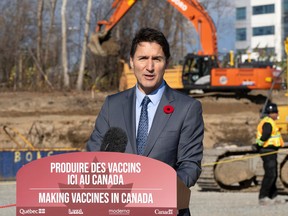 Prime Minister Justin Trudeau speaks at the official groundbreaking ceremony for the Moderna vaccine production facility Monday, November 7, 2022  in Laval, Quebec.THE CANADIAN PRESS/Ryan Remiorz