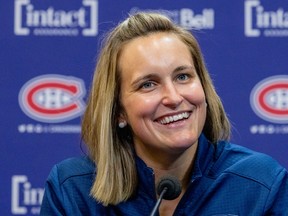Team Canada star Marie-Philip Poulin is introduced as a player development consultant for the Montreal Canadiens at the Bell Sports Complex in Brossard on June 7, 2022.