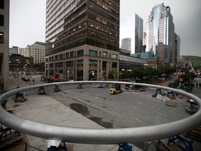The new giant ring at Place Ville Marie is seen on June 16, 2022, prior to its installation.