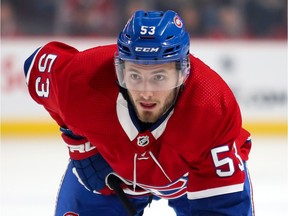 Canadiens Victor Mete lines up for a faceoff in this 2019 file photo.