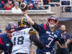 Montreal Alouettes' Trevor Harris passes against the Hamilton Tiger-Cats during first half of Eastern semifinal action at Percival Molson Stadium in Montreal on Nov. 6, 2022.