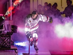 Montreal Force's Samantha Isbell skates onto the ice during player introductions prior to the Force's first Premier Hockey League home game against the Metropolitan Riveters in Verdun on Friday, Nov. 25, 2022.