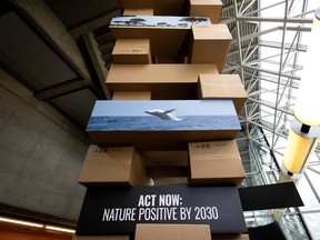 A large cardboard "monument" near the COP15 Montreal conference tells people to act now to meet 2030 goals.