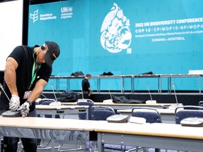 Crews prepare the main room on Friday, December 2, 2022, as Montreal gets ready to host COP15.