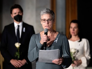 Catherine Bergeron, makes the opening remarks during ceremonies mostly dominated by politicians to mark the anniversary of the massacre at Ecole Polytechnique in Montreal, on Tuesday, Dec. 6, 2022.