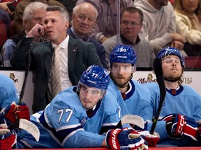 Canadiens head coach Martin St. Louis behind the bench during NHL action against the Anaheim Ducks in Montreal, on Thursday, Dec. 15, 2022.