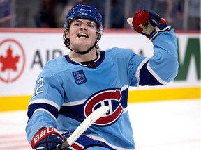Montreal Canadiens right wing Cole Caufield celebrates scoring to tie the game against the Anaheim Ducks in Montreal on Dec. 15, 2022.