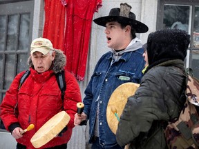 The Travelling Spirit Drummers perform traditional songs during a rally in support of four Indigenous women who were slain in Winnipeg. The rally took place in Cabot Square in Montreal on Saturday, Dec. 17, 2022.