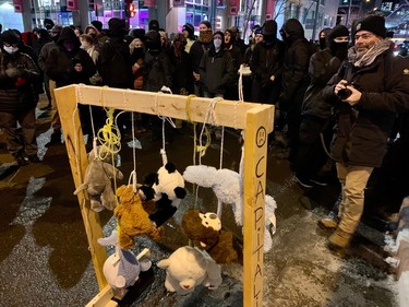 Protesters gather at Phillips Square on the last day of COP15 in Montreal on Monday, Dec. 19, 2022.