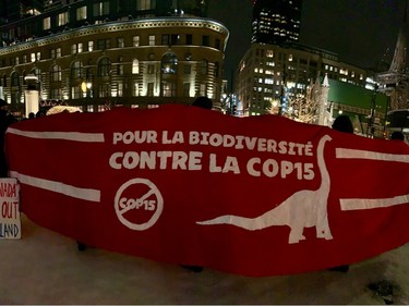 Protesters gather at Phillips Square on the last day of COP15 in Montreal on Monday, Dec. 19, 2022.