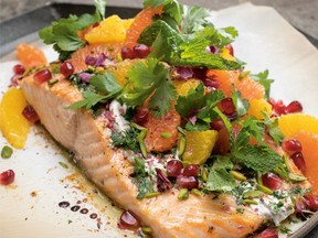 The topping for Bonnie Stern’s jewelled roasted salmon with herbs can be varied.