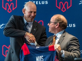 Montreal Alouettes new head coach Jason Maas, left, and general manager Danny Maciocia during a news conference at the Marriott Chateau Champlain Hotel in Montreal on Dec. 20, 2022.