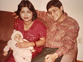 Zakia and Feroze Naqvi with baby daughter Fariha. "There is nothing I would not give to have both of my parents together, alive and healthy," Fariha-Naqvi-Mohemed writes.